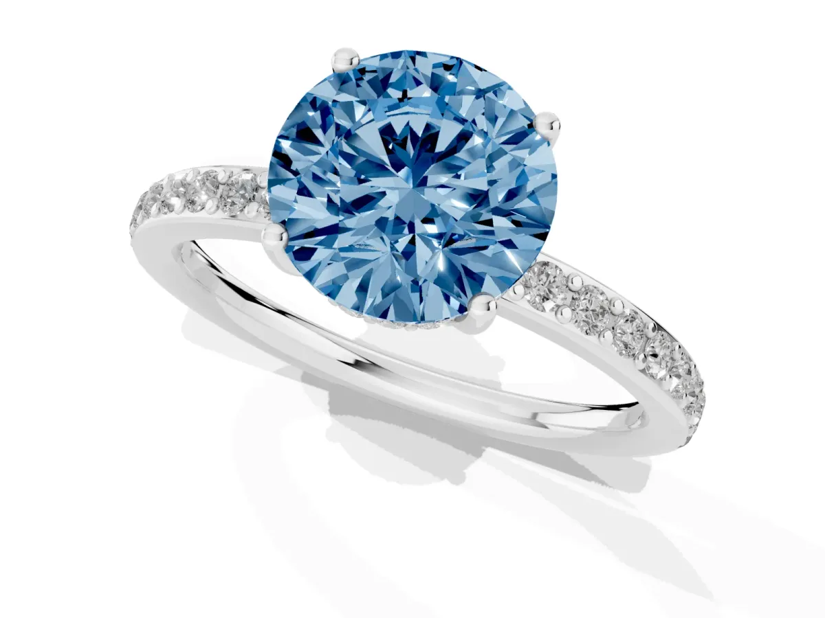 Fancy Blue Round Cut Cut Diamond Pavé Band Ring with Four-Prong Setting Silver