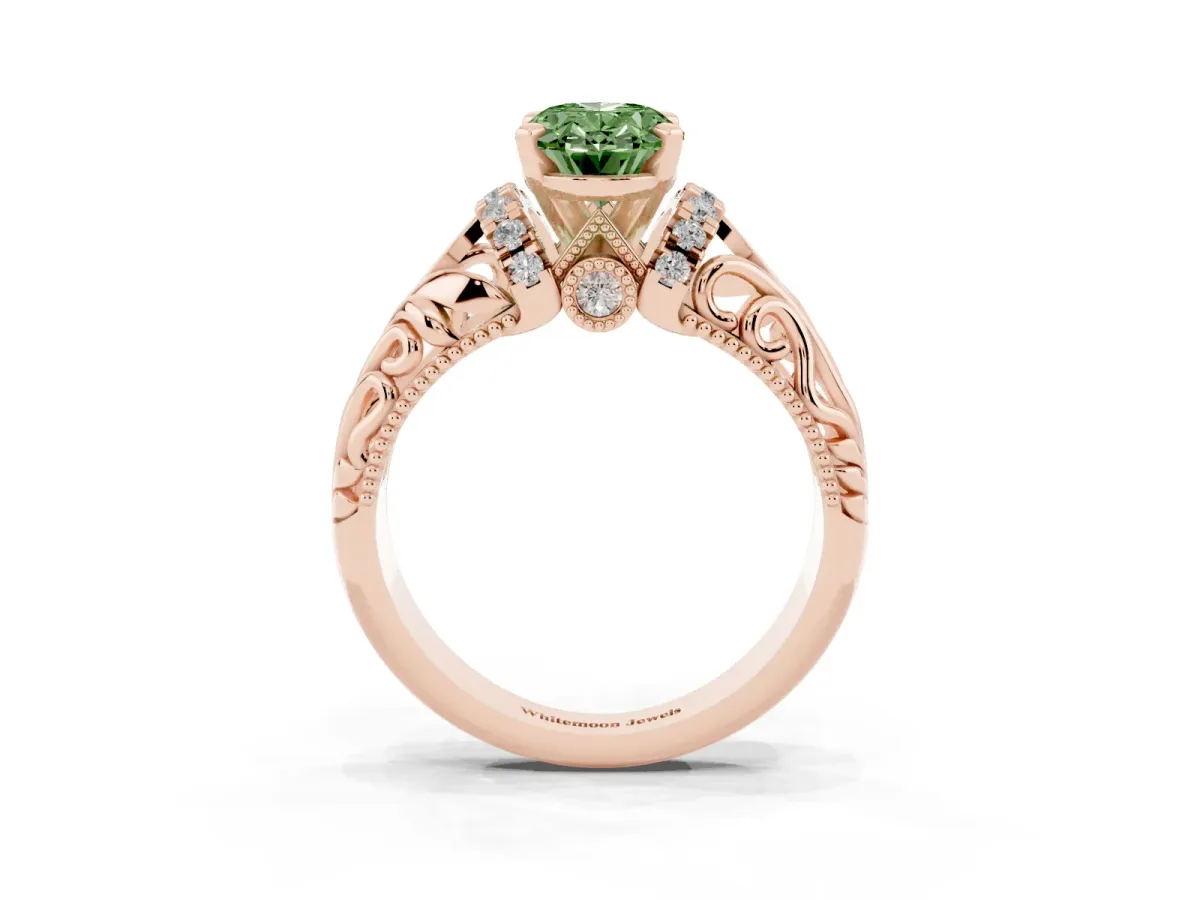 Fancy Green Oval Cut Solitaire Filigree Engagement Ring with Halo and Prong Setting Rose gold