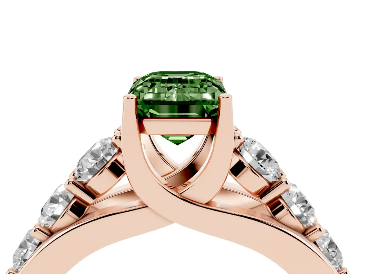 Fancy Green Emerald Cut Diamond Engagement Ring with Pavé Band and Four-Prong Setting Rose gold