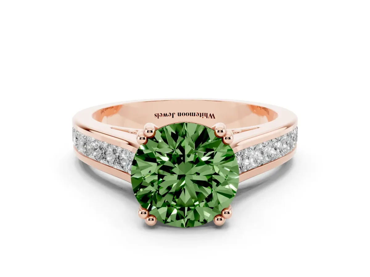 Fancy Green Round Cut Cut Channel Set Solitaire Engagement Ring with Prong Setting Rose gold