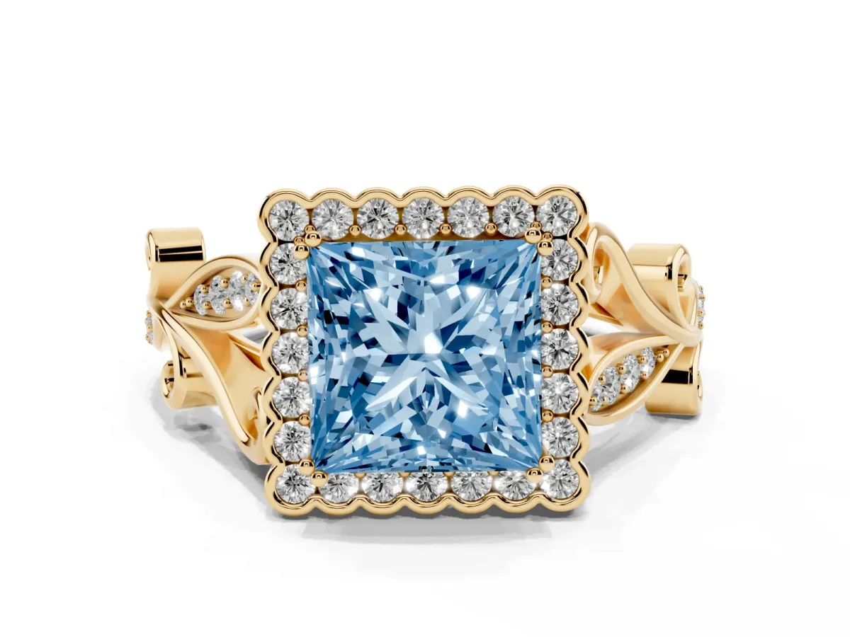Fancy Blue Princess Cut Diamond Halo Ring with Vintage Split Shank and Four-Prong Setting Yellow gold