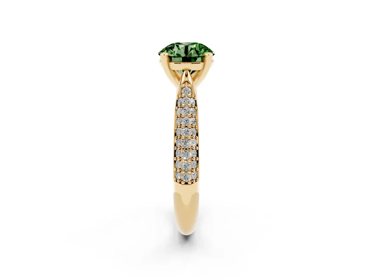Fancy Green Round Cut Diamond Solitaire Engagement Ring with Multi-Row Round Pavé Band and Prong Setting Yellow gold