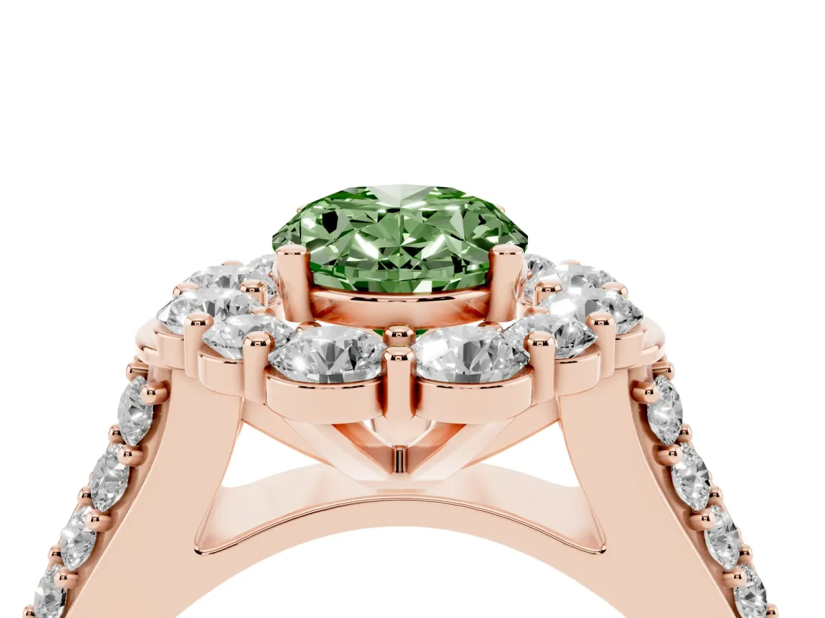Fancy Green Oval Cut Halo Diamond Engagement Ring with Split Shank and Prong Setting Rose gold