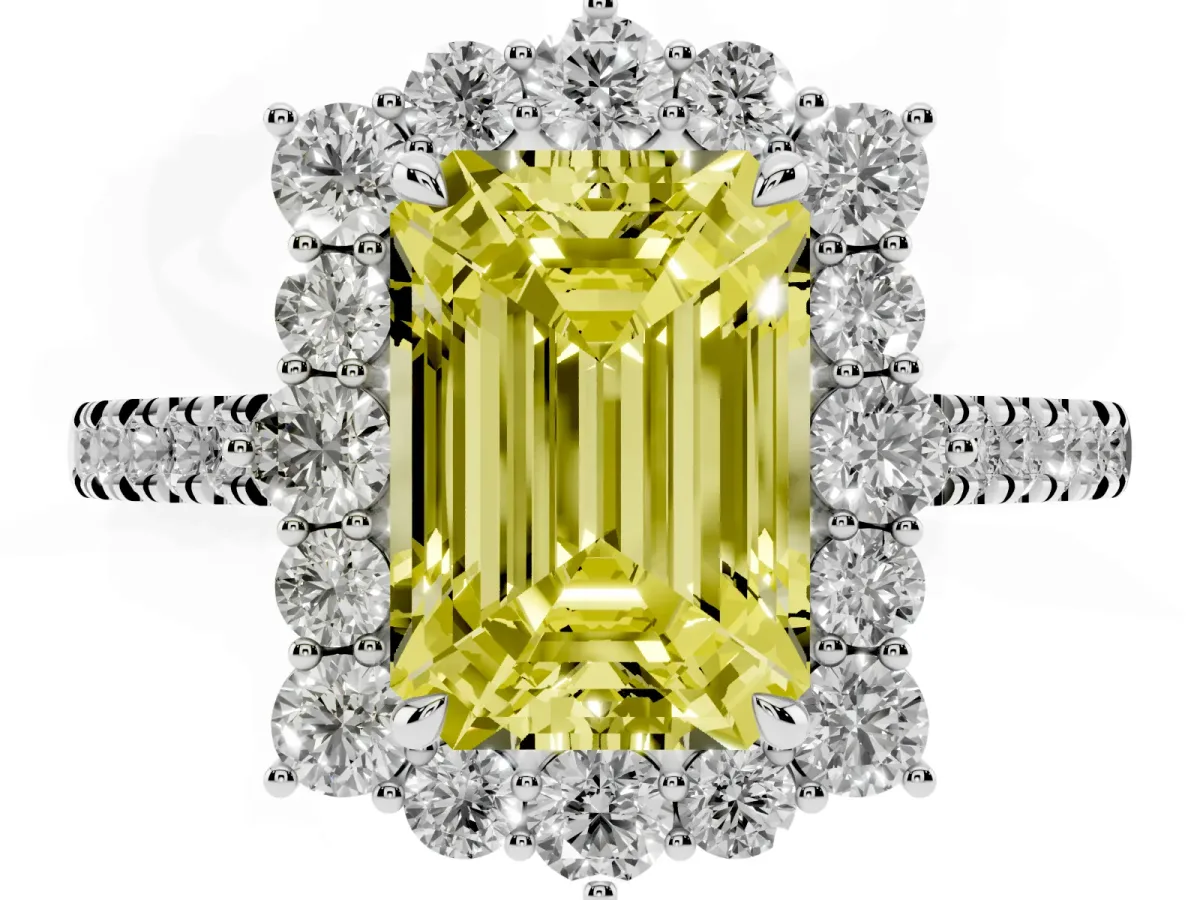 Fancy Yellow Emerald Cut Halo Diamond Ring with Pavé Band and Prong Setting Silver