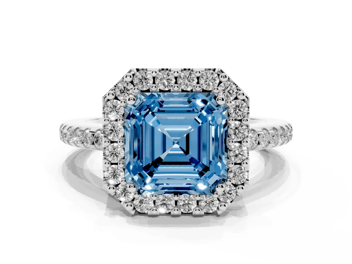 Fancy Blue Asscher Cut Diamond Pavé Halo Ring with Four-Prong Setting Platinum