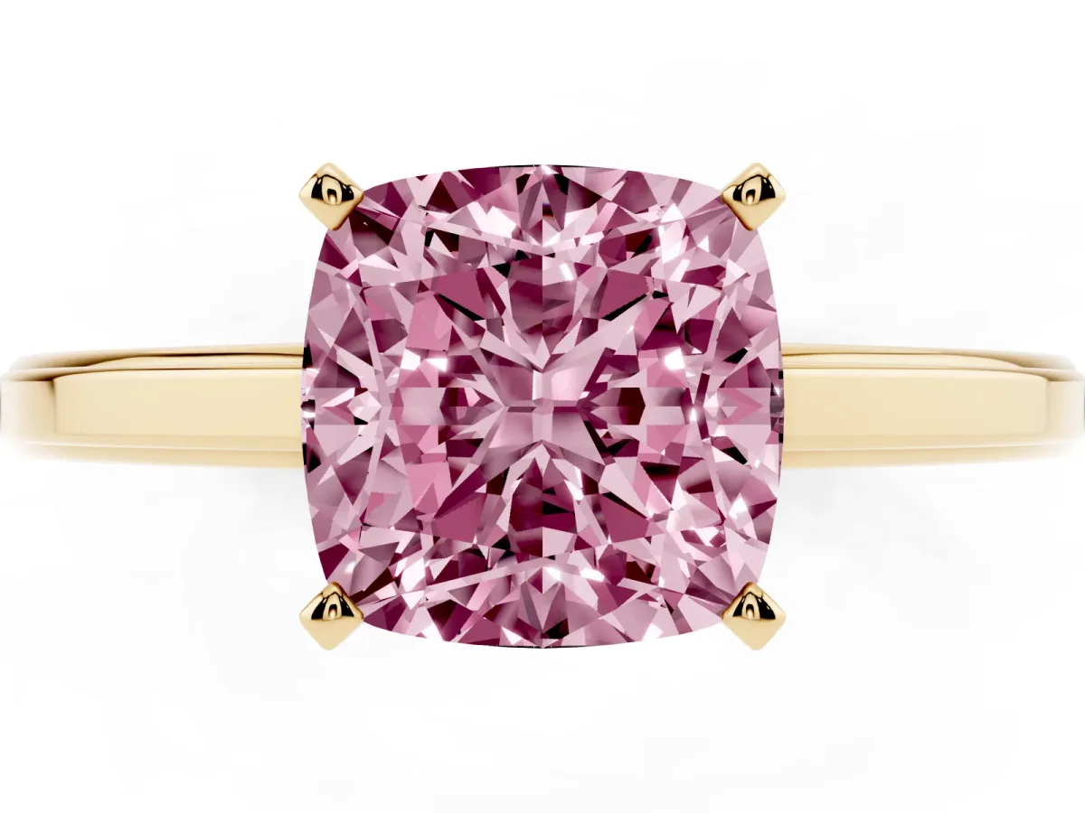 Fancy Pink Cushion Cut Solitaire Diamond Ring with Four-Prong Setting and Classic Band Yellow gold