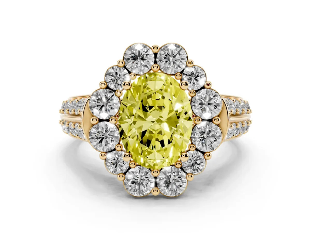 Fancy Yellow Oval Cut Halo Diamond Engagement Ring with Split Shank and Prong Setting Yellow gold