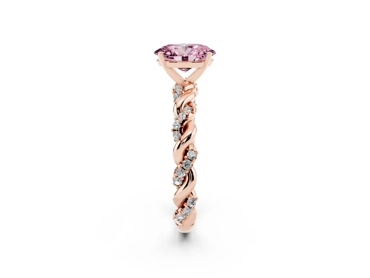 Fancy Pink Oval Cut Diamond Solitaire Ring with Twisted Band and Pavé Accents Rose gold