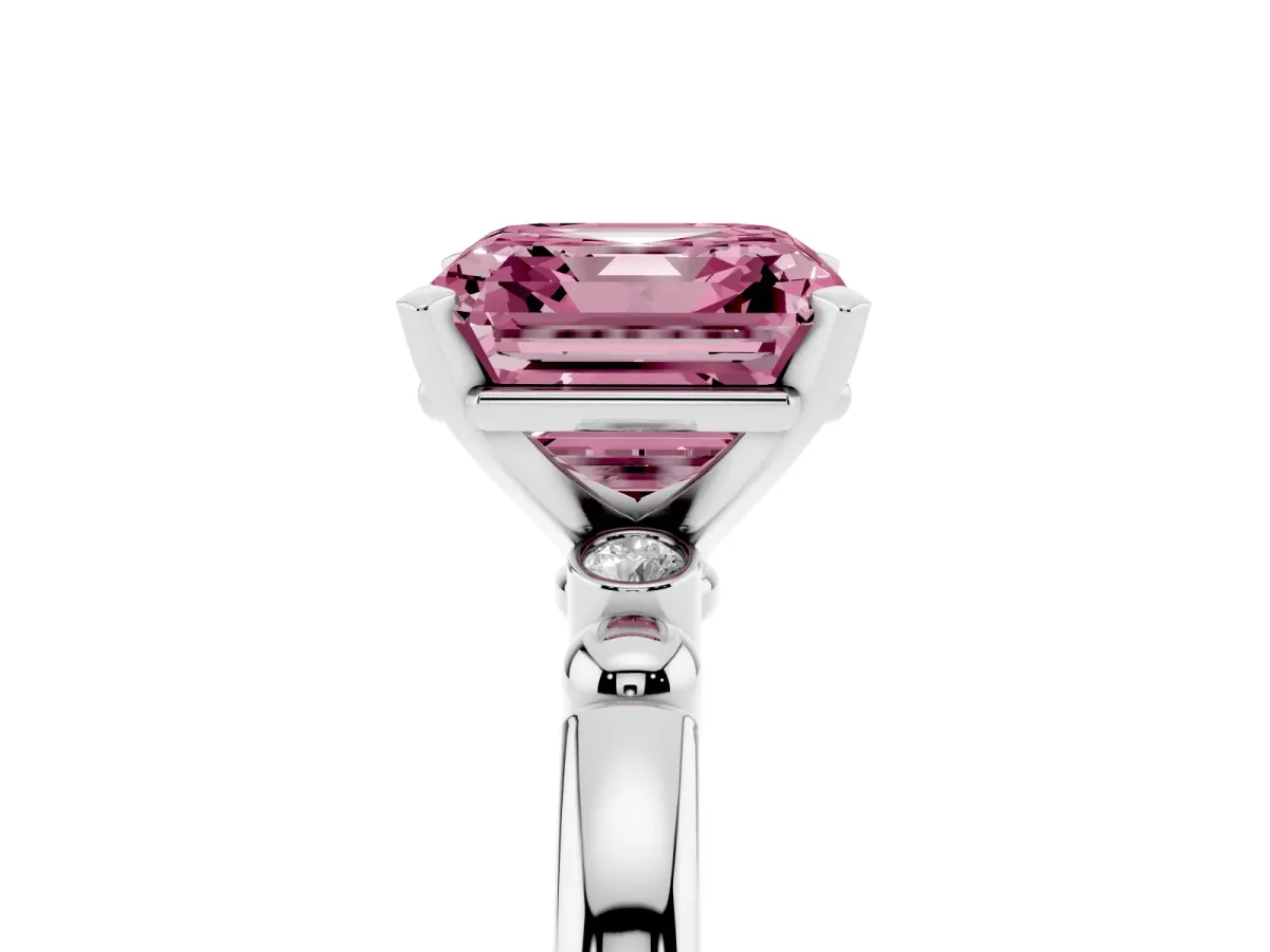 Fancy Pink Asscher Cut Solitaire Beaded Band with Four-Prong Setting Silver