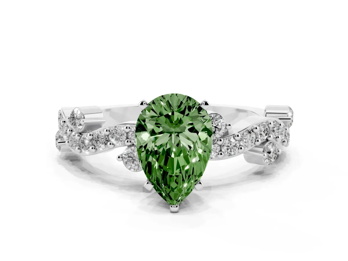 Fancy Green Pear Cut Cut Solitaire Diamond Twisted Band with Pave Setting White gold