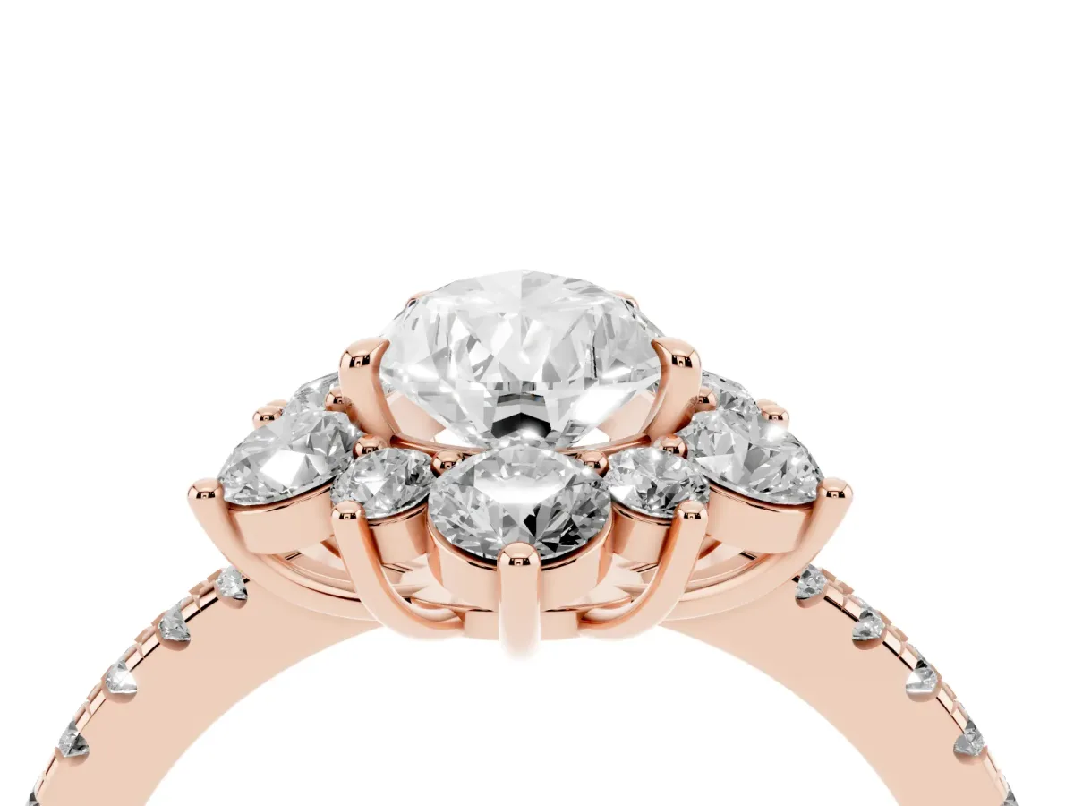 Pear Cut Diamond Floral Halo Ring with Round Pavé Band and Prong Setting Rose gold