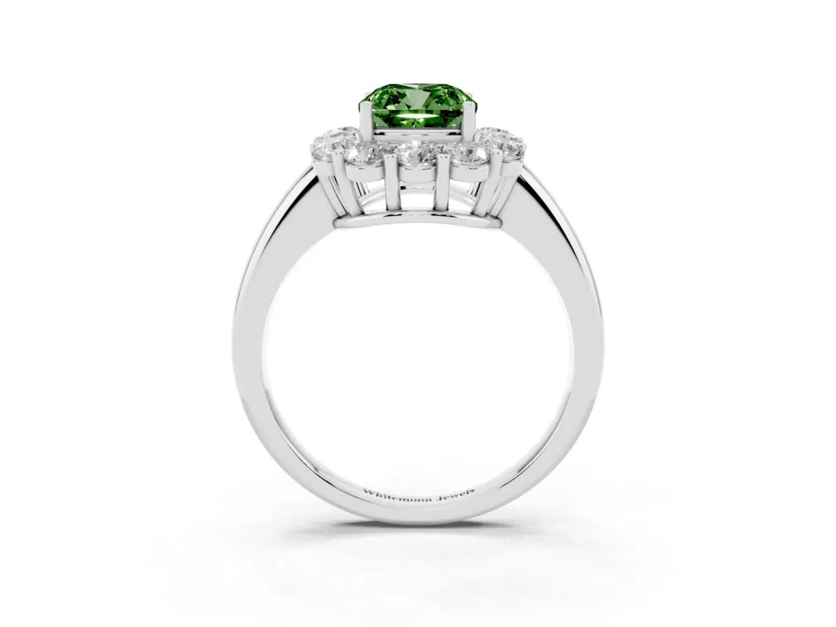 Fancy Green Cushion Cut Halo Cluster Diamond Engagement Ring with Prong Setting and Polished Band Silver