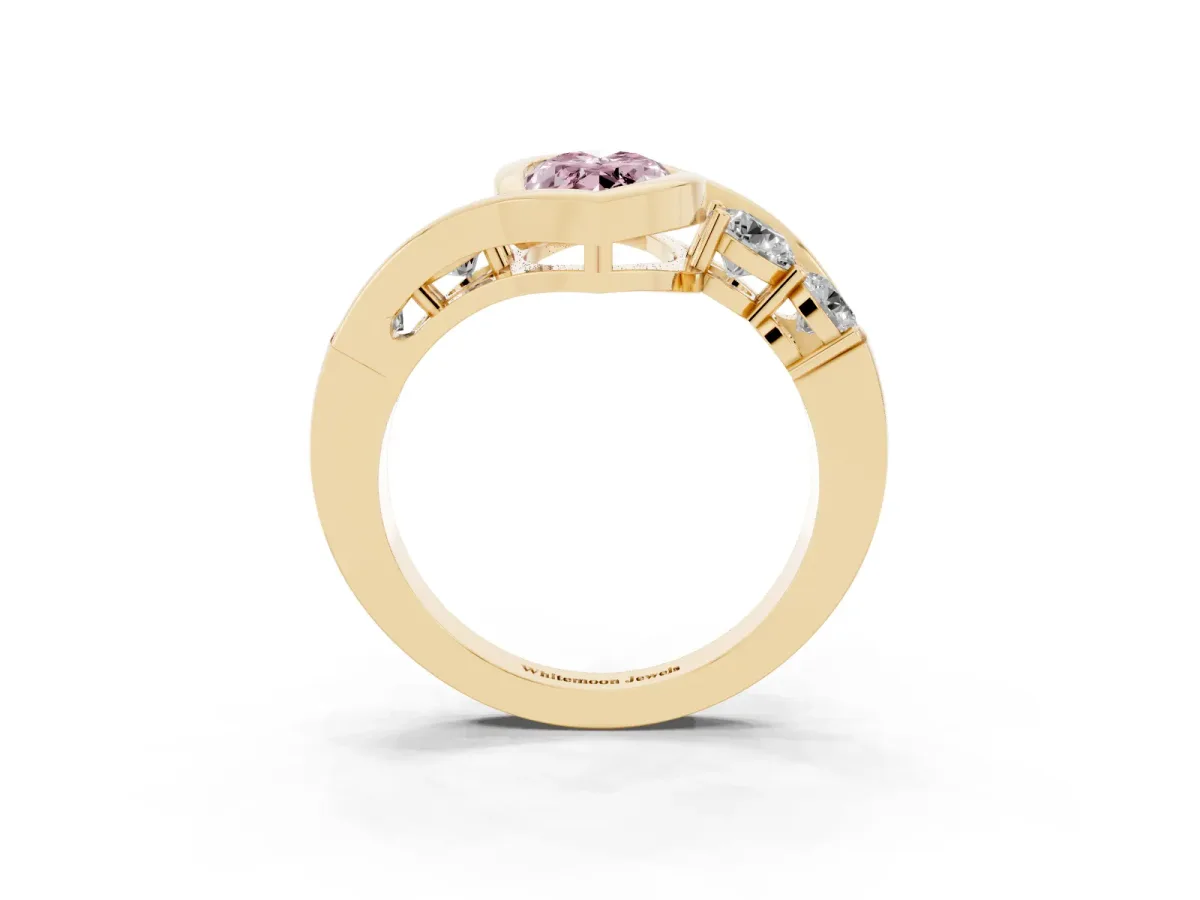 Fancy Pink Bezel Set Marquise Cut Diamond Bypass Ring with Round Accents Yellow gold