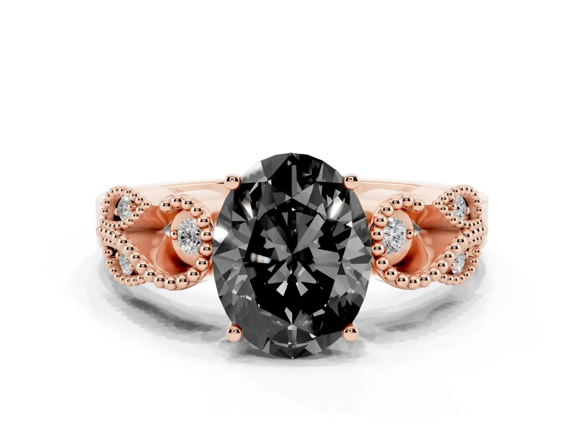 Fancy Black Oval Cut Solitaire Milgrain Leaf Band with Prong Setting Rose gold