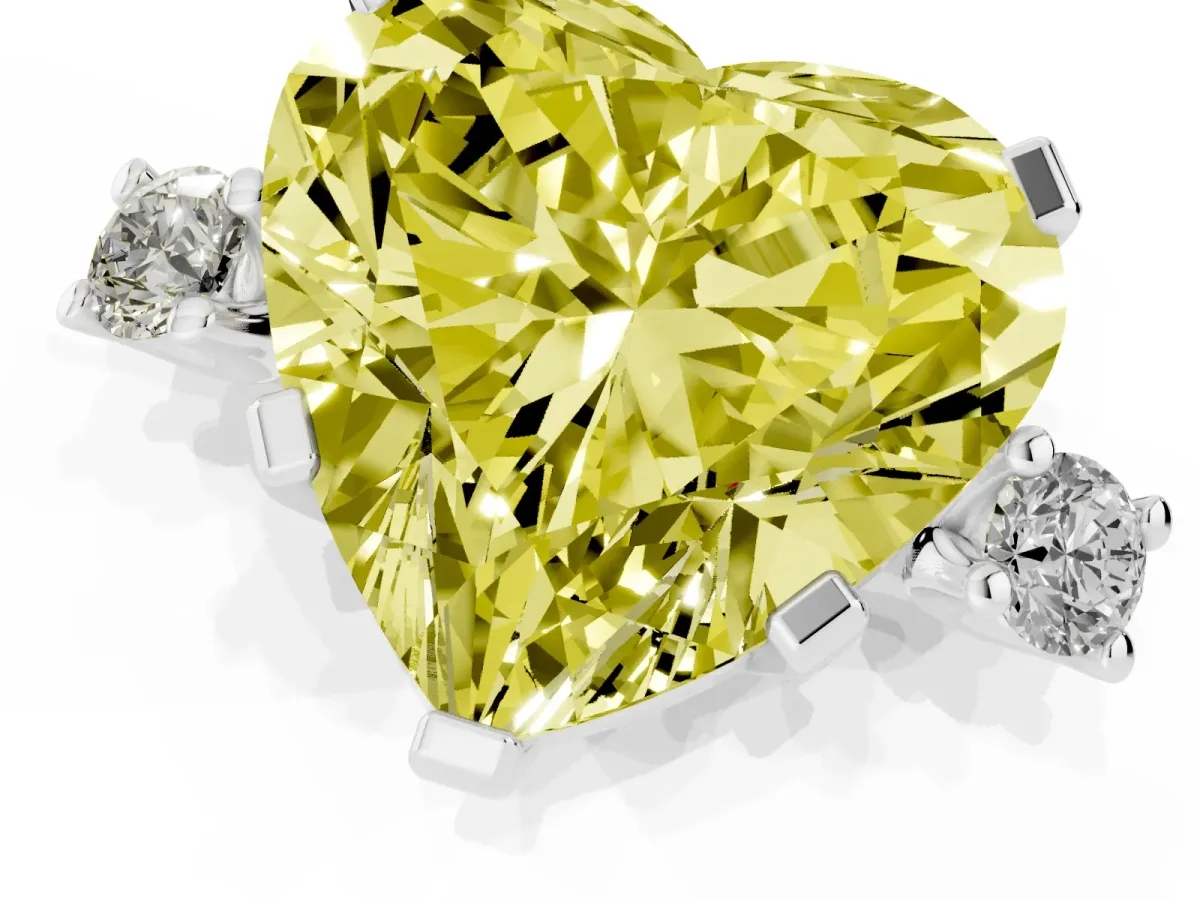 Fancy Yellow Heart Cut Cut Three-Stone Solitaire Ring with Round Accent Diamonds and Four-Prong Setting Silver