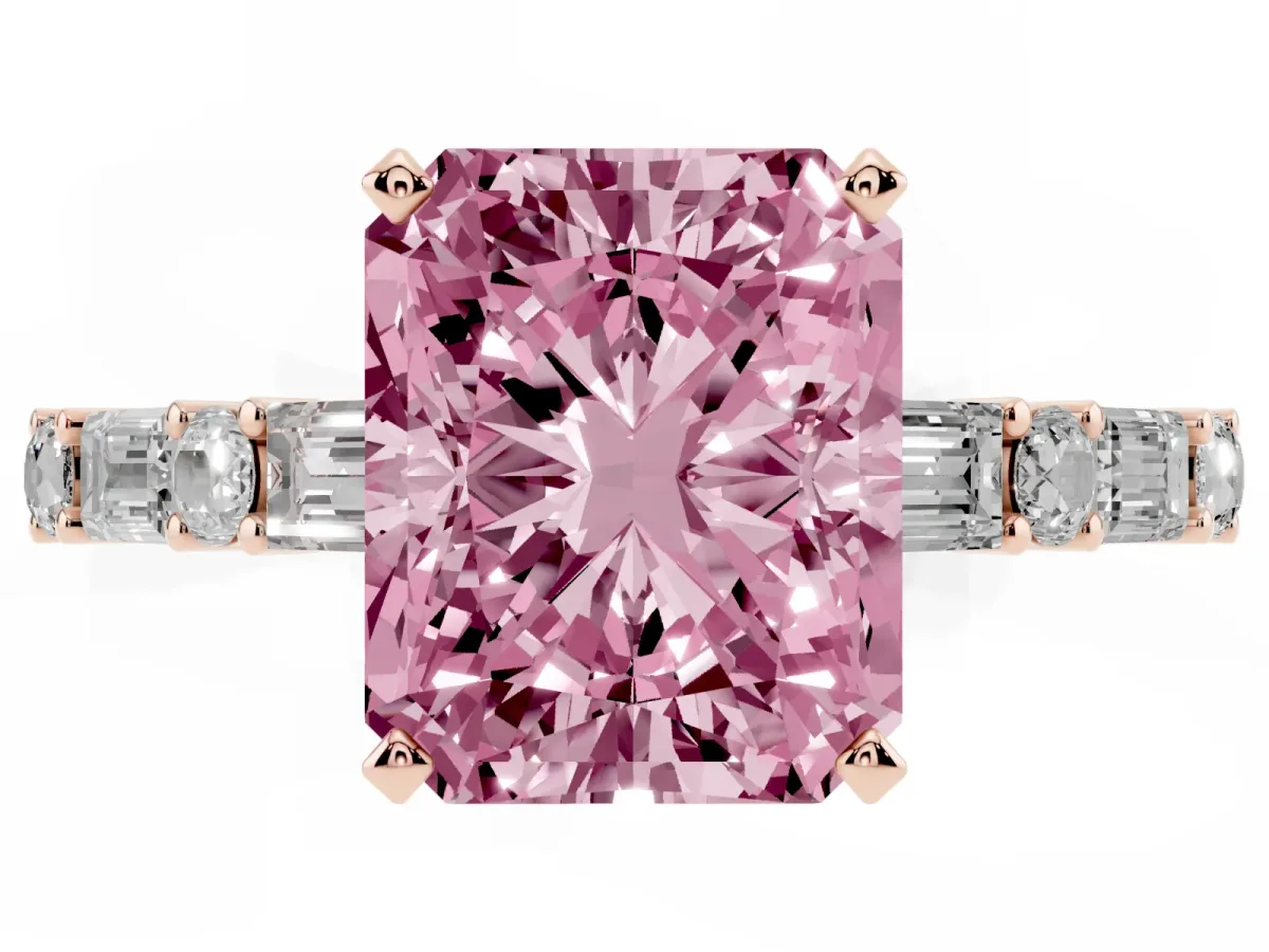 Fancy Pink Radiant Cut Diamond Solitaire with Side Baguettes and Channel Set Band Rose gold