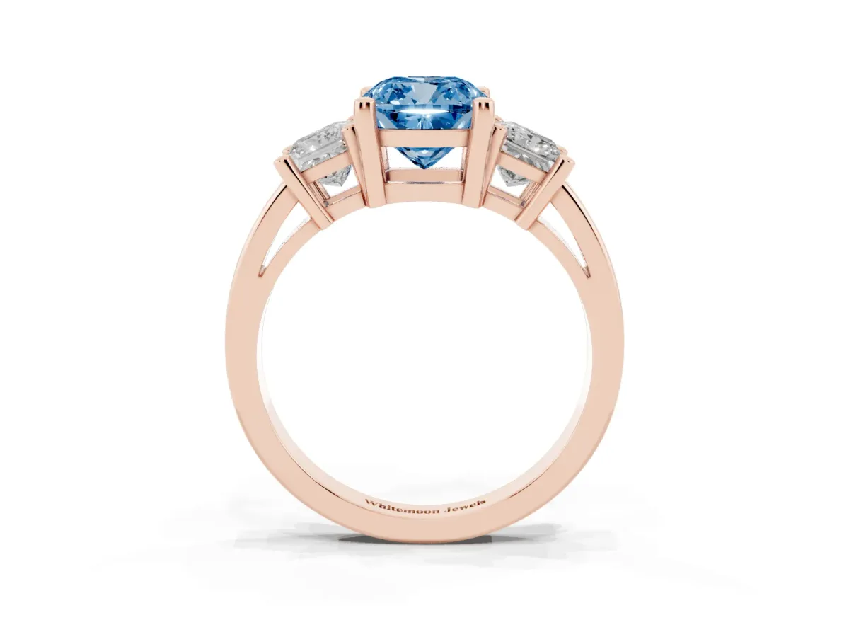 Fancy Blue Three-Stone Cushion Cut Cut Solitaire Ring with Prong Setting Rose gold