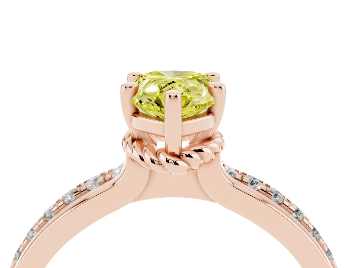Fancy Yellow Pear Cut Solitaire Diamond Ring with Channel Set Band and Six-Prong Setting Rose gold