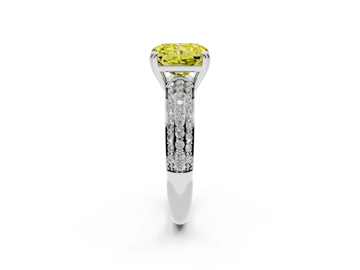 Fancy Yellow Radiant Cut Diamond Solitaire Ring with Multi-Row Round Pavé Band and Prong Setting White gold