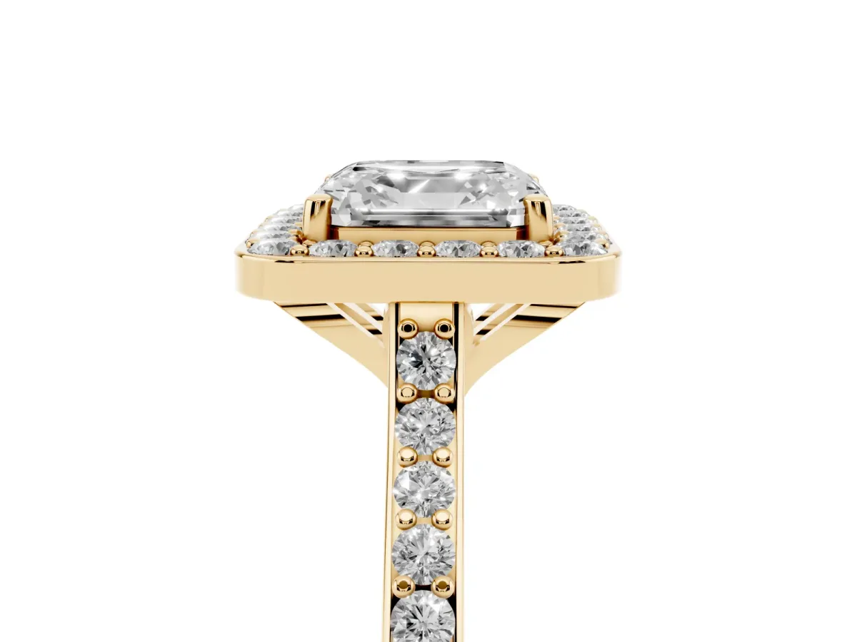 Asscher Cut Diamond Halo Engagement Ring with Round Pavé Shoulders and Prong Setting Yellow gold