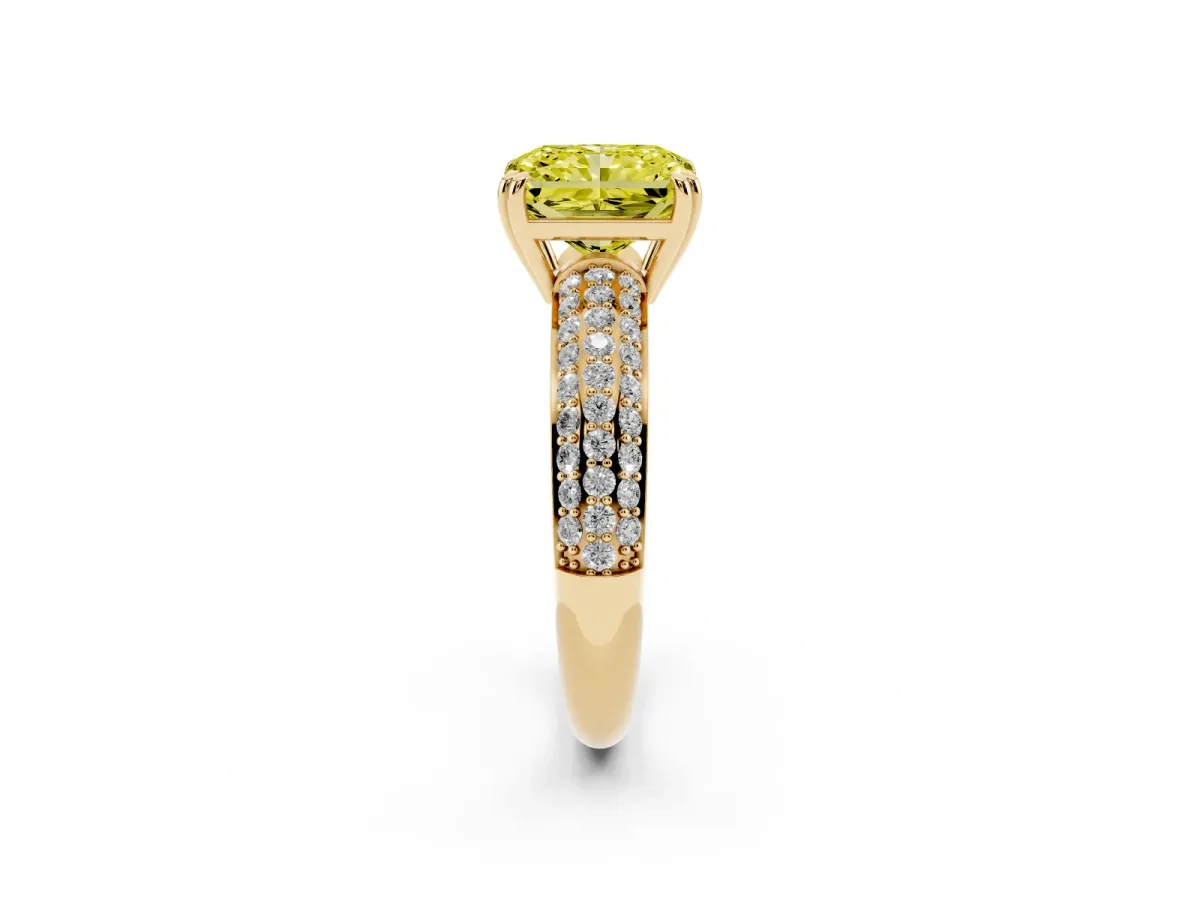 Fancy Yellow Radiant Cut Diamond Solitaire Ring with Multi-Row Round Pavé Band and Prong Setting Yellow gold