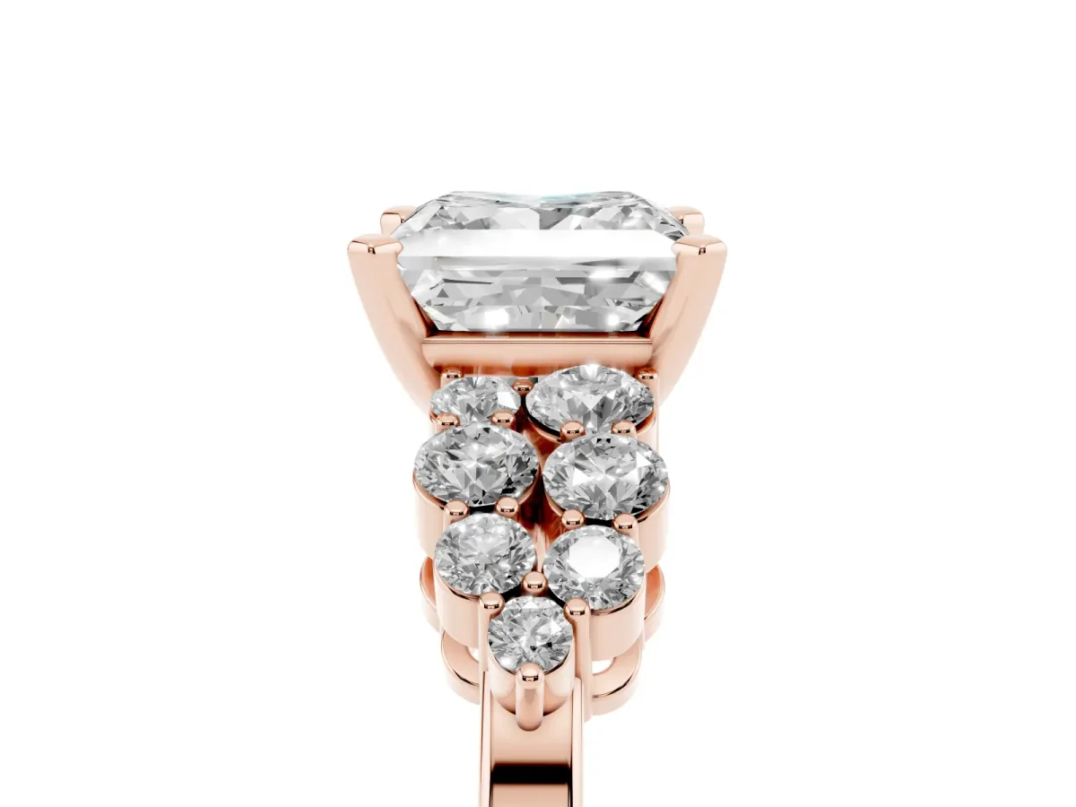 Princess Cut Cluster Diamond Engagement Ring with Pavé Band and Four-Prong Setting Rose gold