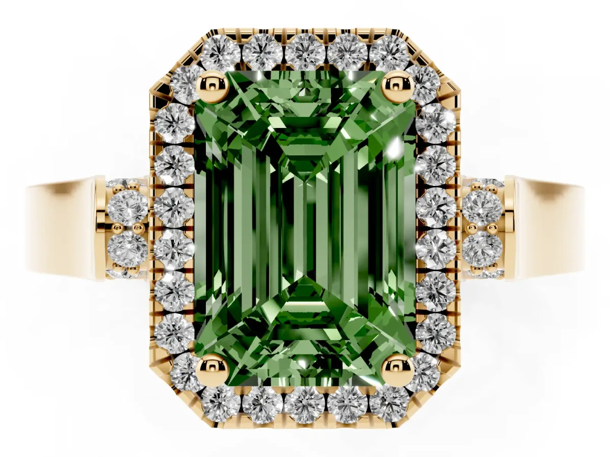Fancy Green Emerald Cut Halo Pave Split Shank Prong Setting Ring Yellow gold