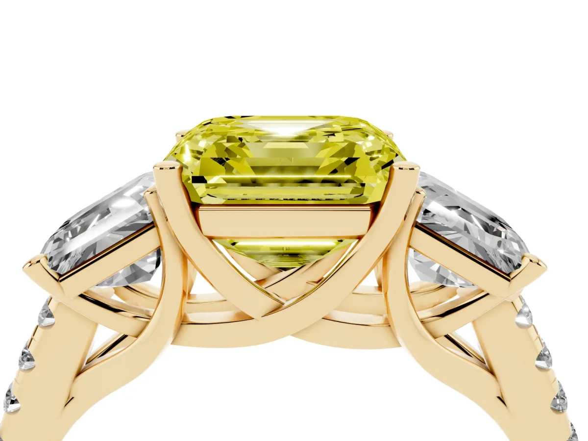 Fancy Yellow Three-Stone Asscher Cut Diamond Ring with Round Pavé Band and Prong Setting Yellow gold