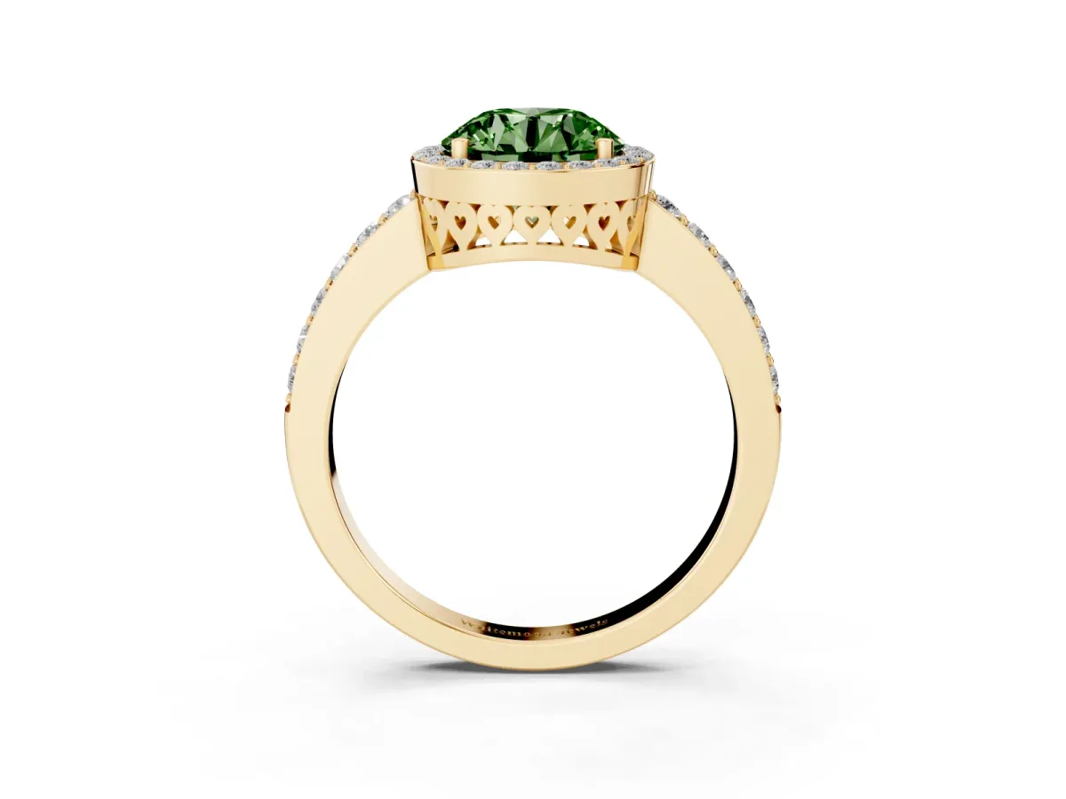 Fancy Green Round Cut Halo Diamond Pavé Band Ring with Prong Setting Yellow gold