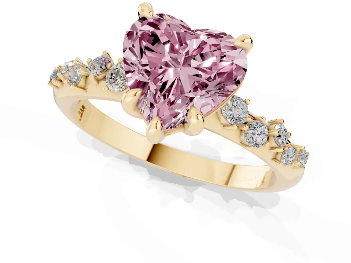Fancy Pink Heart Cut Cut Diamond Vine Band with Four-Prong Setting Yellow gold