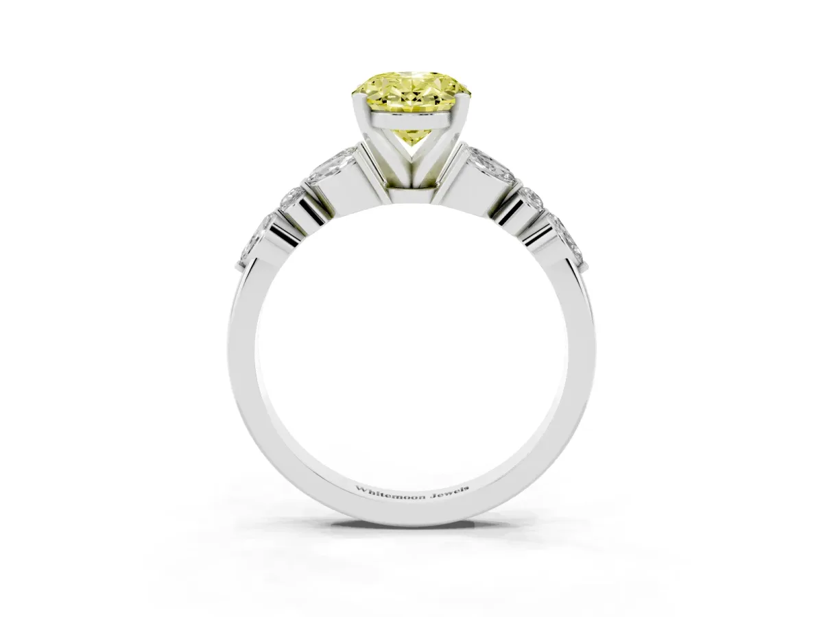 Fancy Yellow Oval Cut Diamond Solitaire Ring with Side Stones and Four-Prong Setting Silver