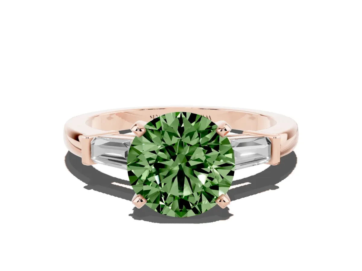 Fancy Green Round Cut Cut Diamond Solitaire Ring with Tapered Baguette Accents and Four-Prong Setting Rose gold