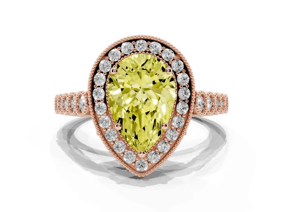 Fancy Yellow Pear Cut Halo Twist Band Solitaire Ring with Six-Prong Setting Rose gold