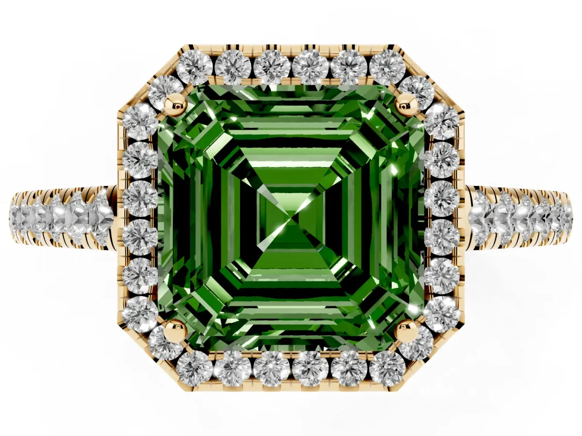 Fancy Green Asscher Cut Halo Pave Diamond Engagement Ring with Four-Prong Setting Yellow gold