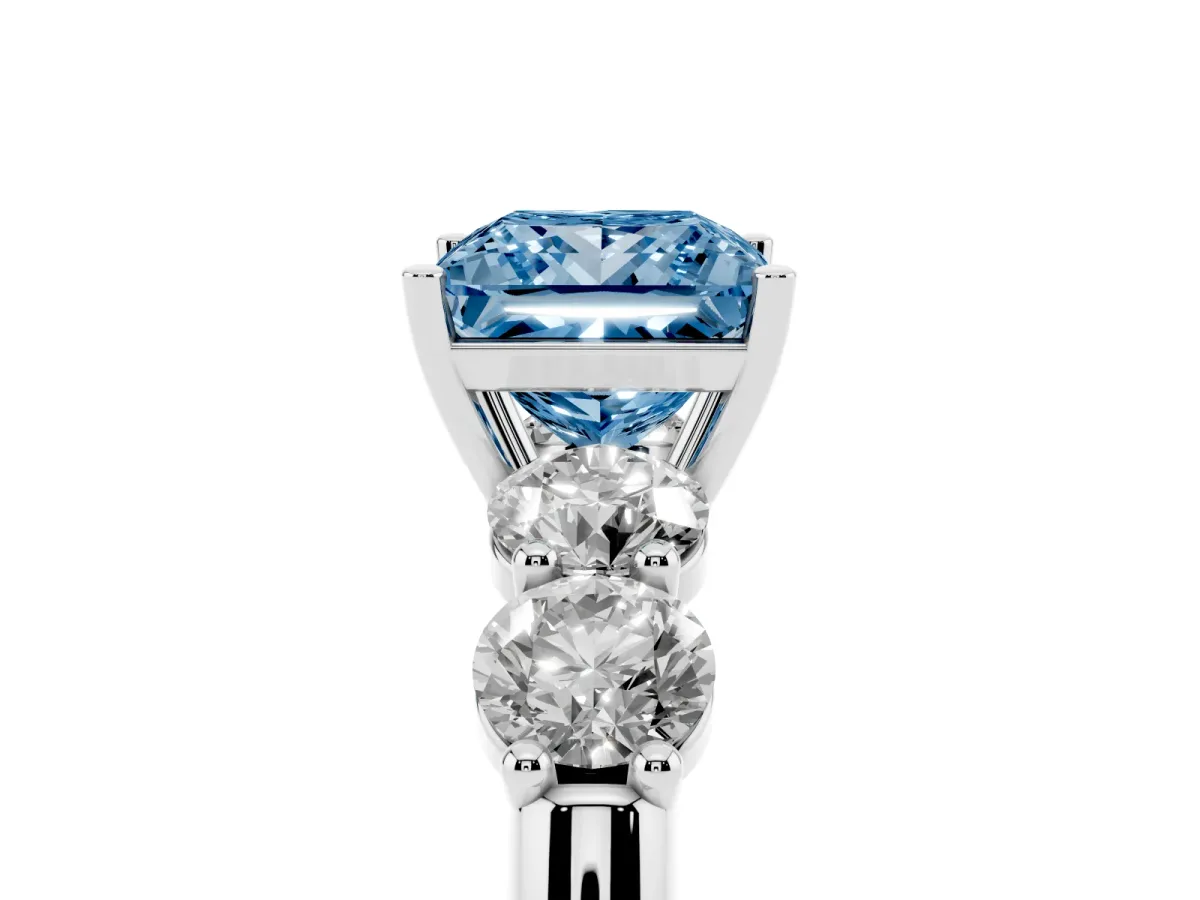 Fancy Blue Princess Cut Cut Five-Stone Prong Set Diamond Ring with Classic Band Silver