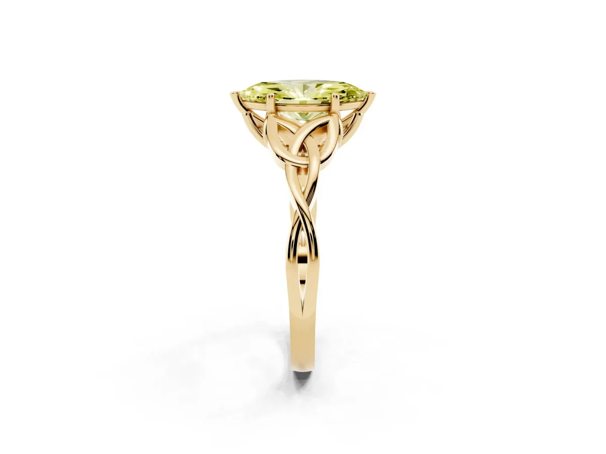 Fancy Yellow Marquise Cut Diamond Solitaire Engagement Ring with Celtic Knot Band and Four-Prong Setting Yellow gold