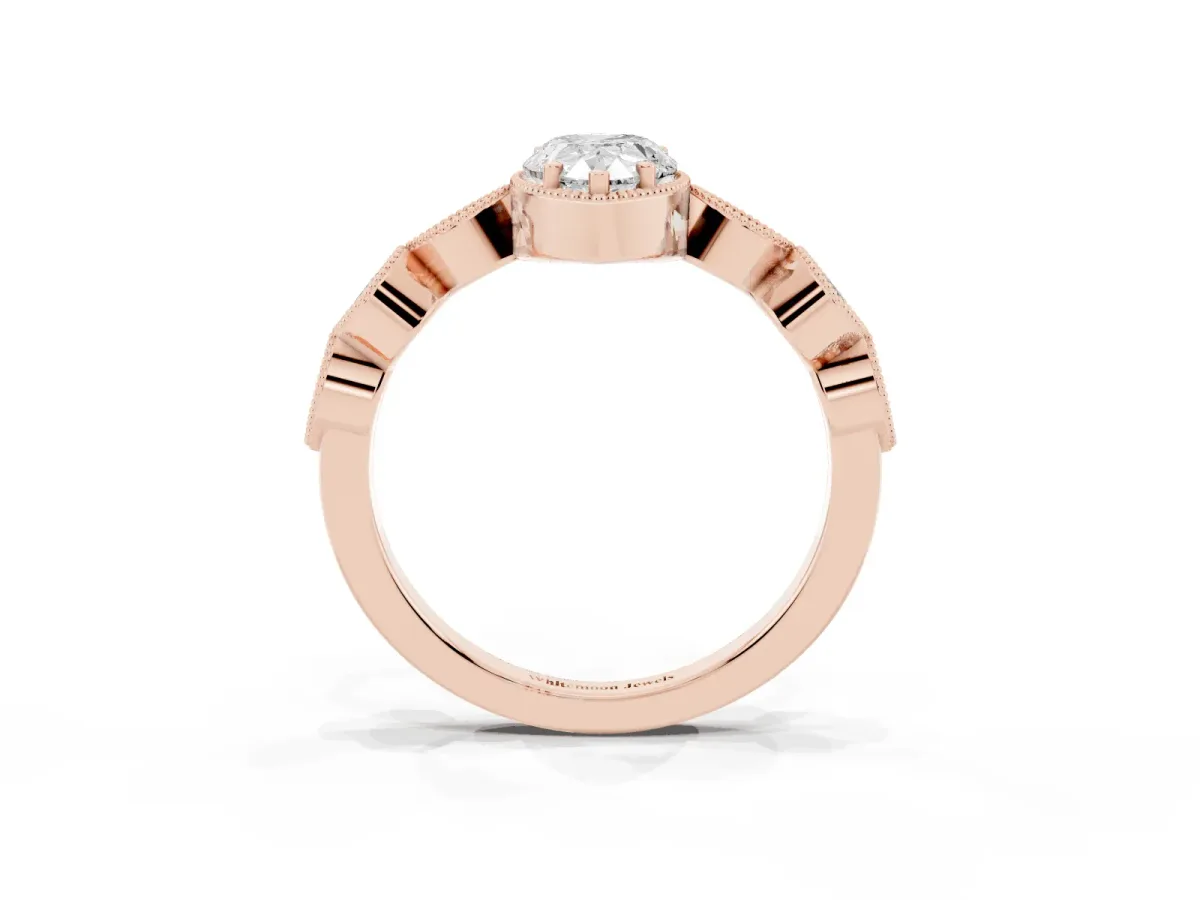 Pear Cut Diamond Vintage Milgrain Ring with Round Stations Rose gold