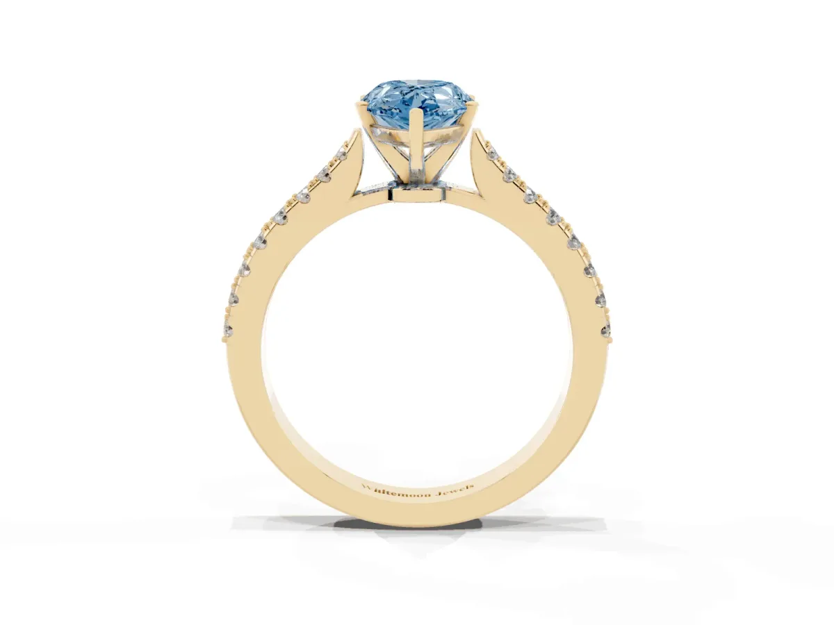 Fancy Blue Pear Cut Cut Solitaire Diamond Engagement Ring with Pave Band and Four-Prong Setting Yellow gold