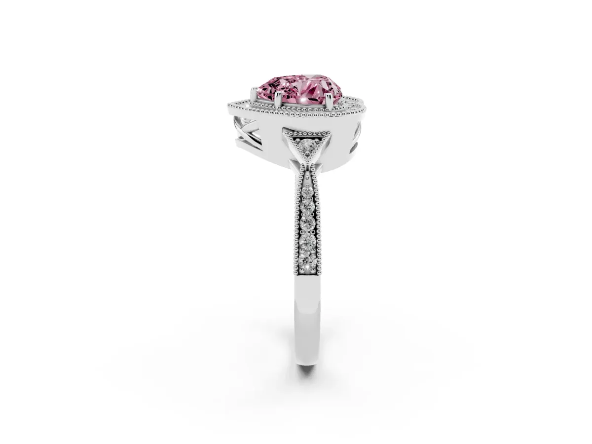 Fancy Pink Heart Cut Halo Round Diamond Milgrain Pave Engagement Ring Silver