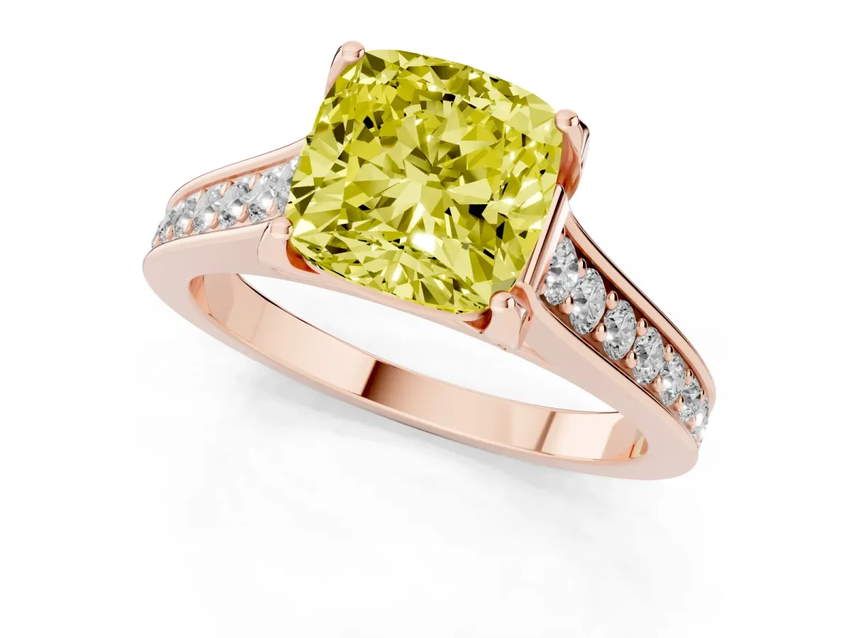 Fancy Yellow Cushion Cut Brilliant Cut Diamond Engagement Ring with Pavé Band and Four-Prong Setting Rose gold