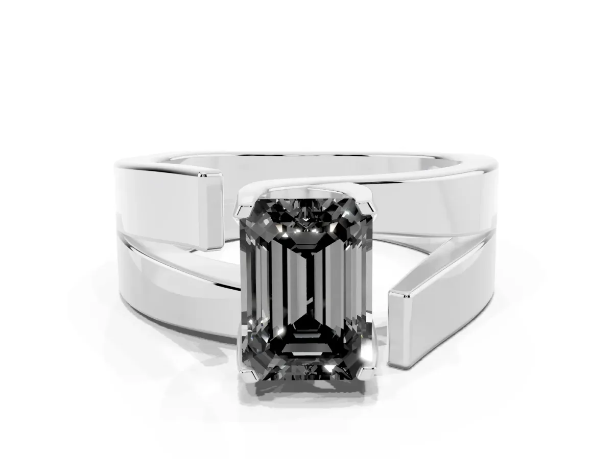 Fancy Black Modern Tension Set Emerald Cut Diamond Solitaire Wide Band Ring Silver