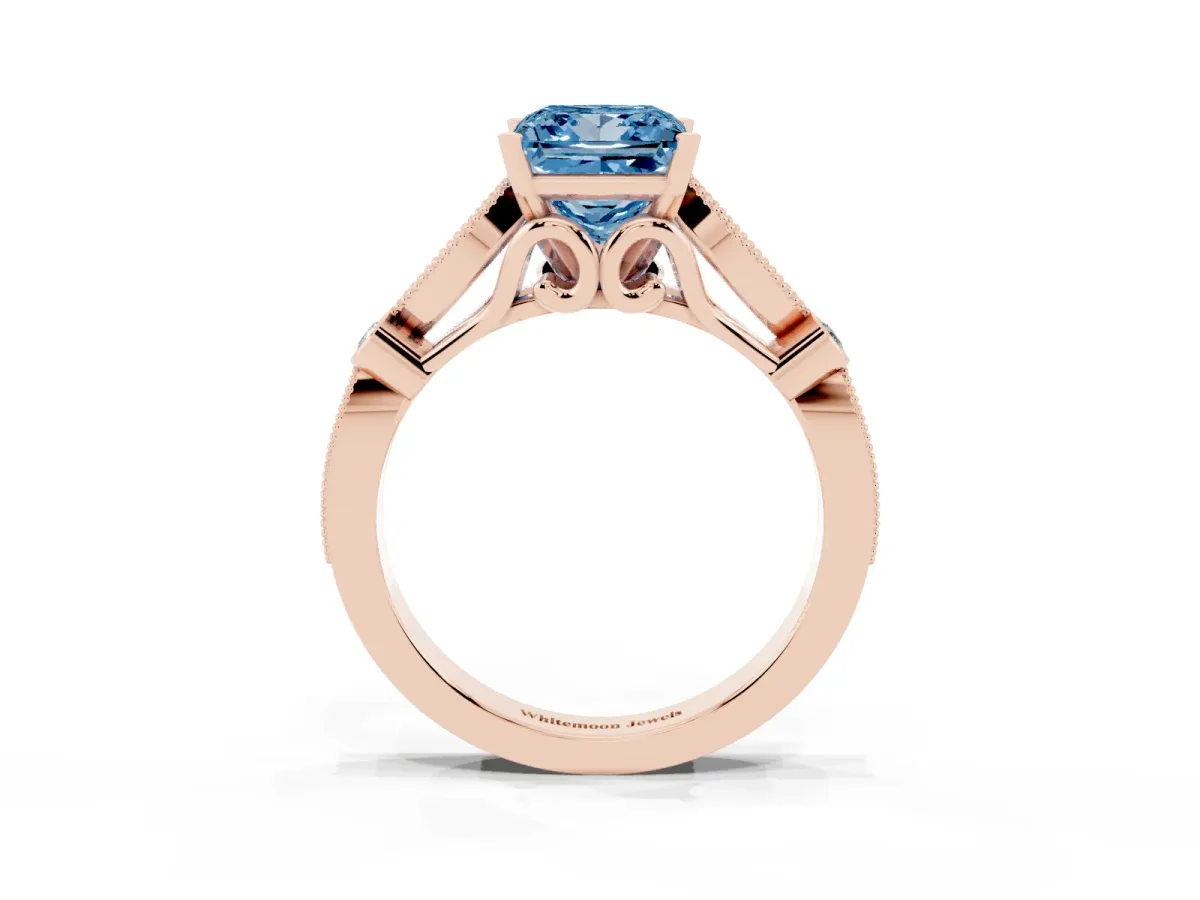 Fancy Blue Princess Cut Cut Diamond with Milgrain Marquise and Bezel Accents on a Solitaire Band with Prong Setting Rose gold