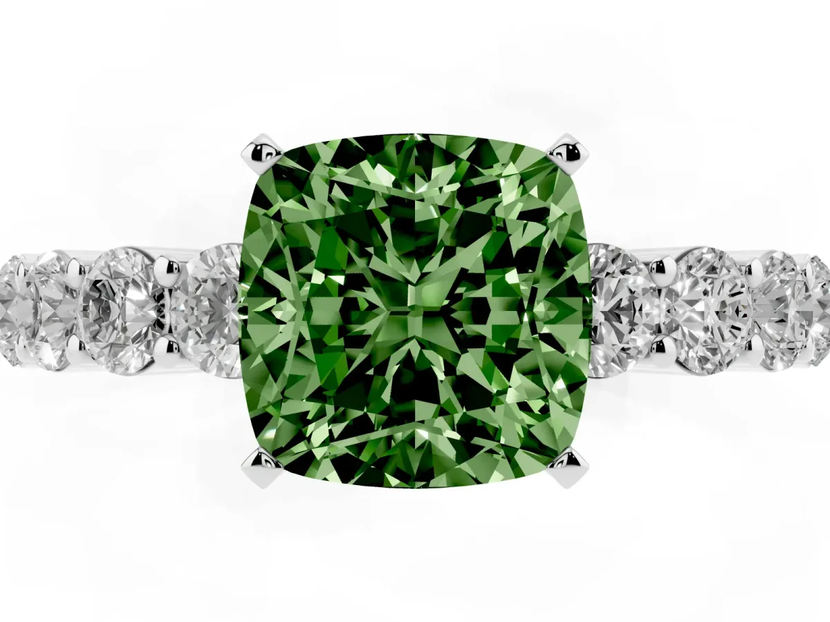 Fancy Green Cushion Cut Diamond Solitaire Ring with Shared Prong Round Side Stones Silver