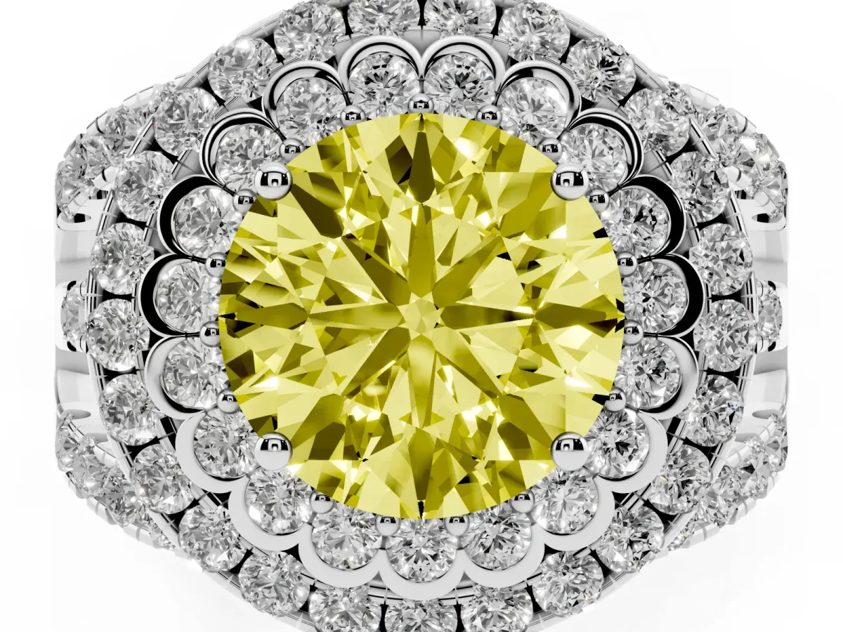 Fancy Yellow Round Cut Diamond Double Halo Ring with Round Pavé Split Shank and Prong Setting Silver