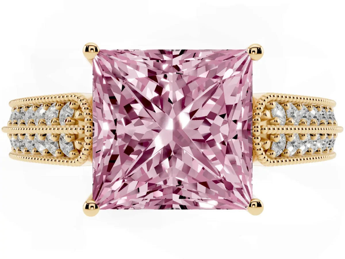 Fancy Pink Princess Cut Cut Pave Split Shank Engagement Ring with Four-Prong Setting Yellow gold