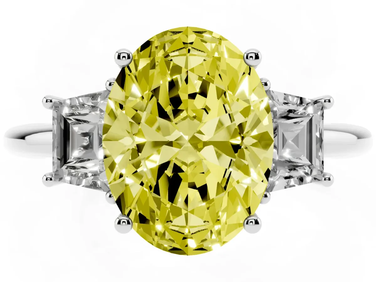 Fancy Yellow Oval Cut Diamond Three-Stone Ring with Trapezoid Side Stones and Prong Setting Platinum