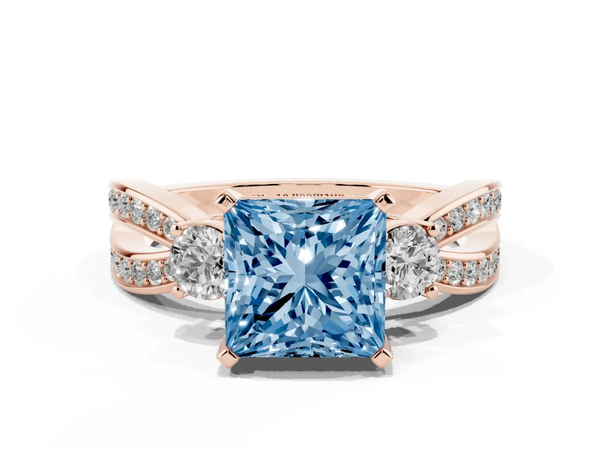 Fancy Blue Three-Stone Princess Cut Cut Diamond Twist Band with Prong Setting Rose gold