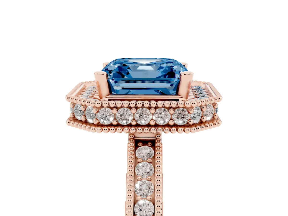 Fancy Blue Asscher Cut Diamond Milgrain Halo Engagement Ring with Round Pavé Band and Prong Setting Rose gold