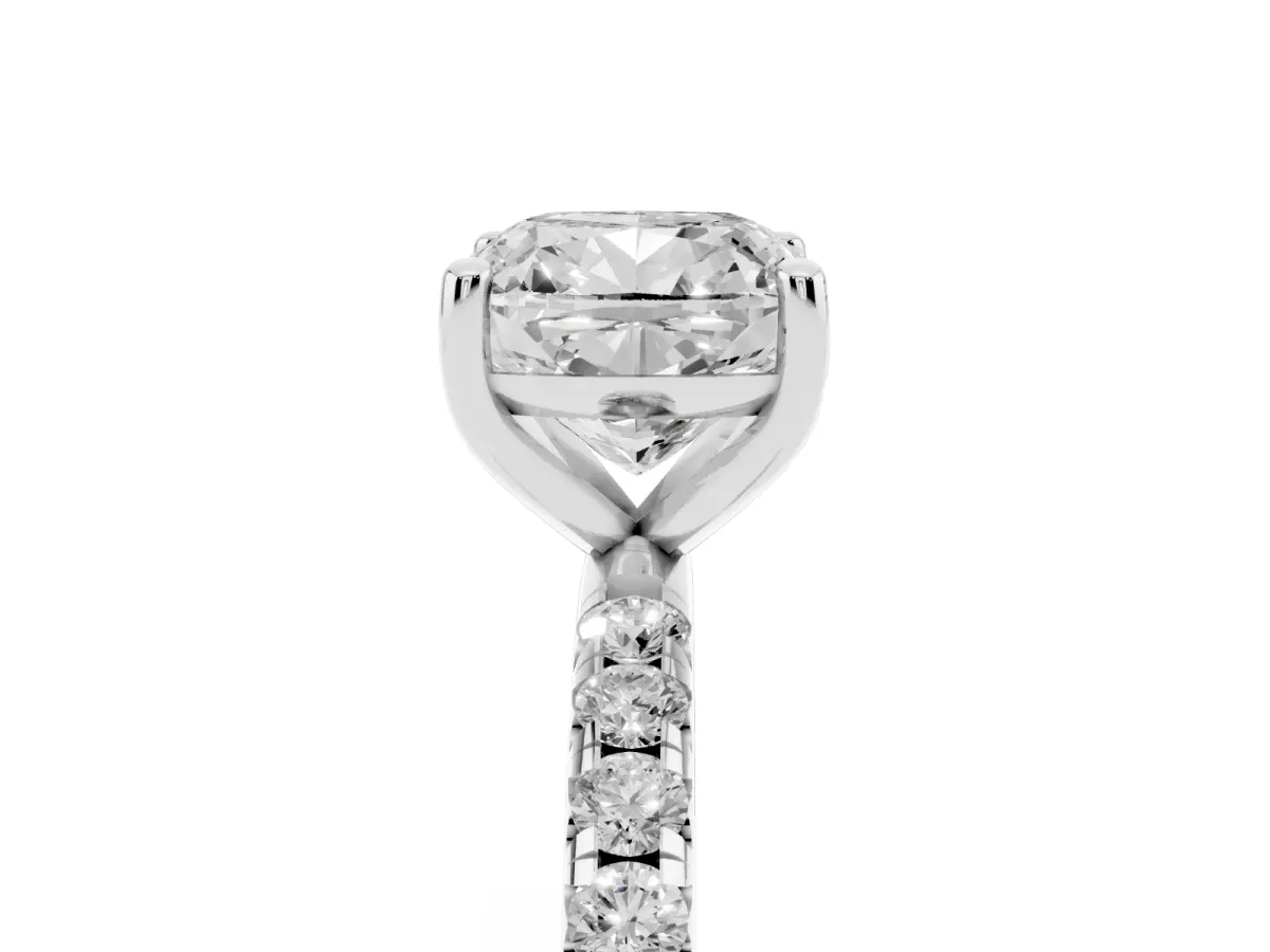 Cushion Cut Cut Diamond Solitaire Ring with Micro Pave Band and Four Prong Setting Silver