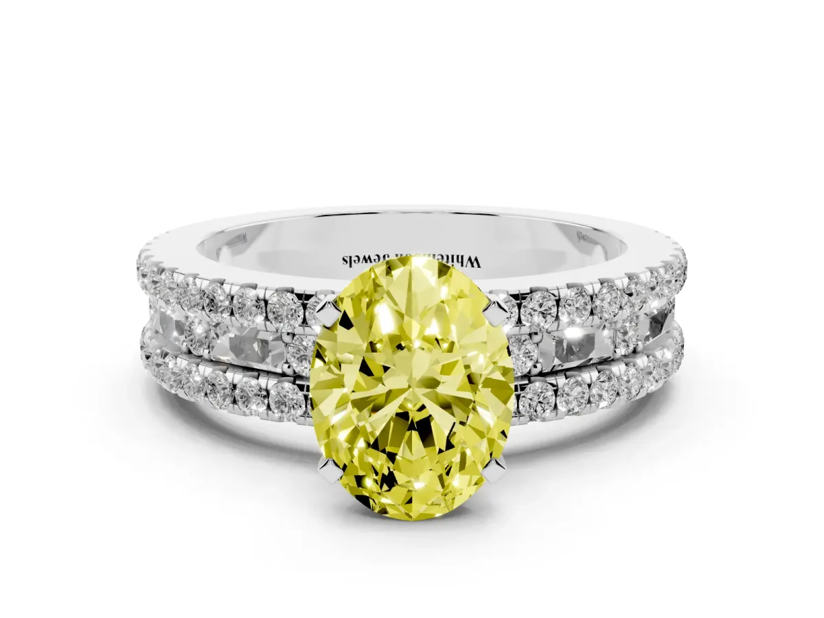 Fancy Yellow Oval Cut Diamond Solitaire Ring with Pavé and Channel Set Band Silver